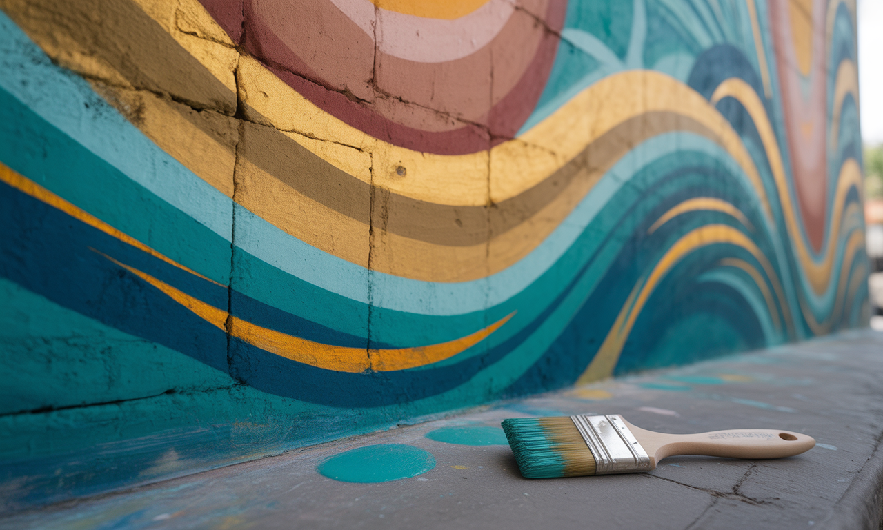 A used paintbrush lying beside a colorfully painted wall.