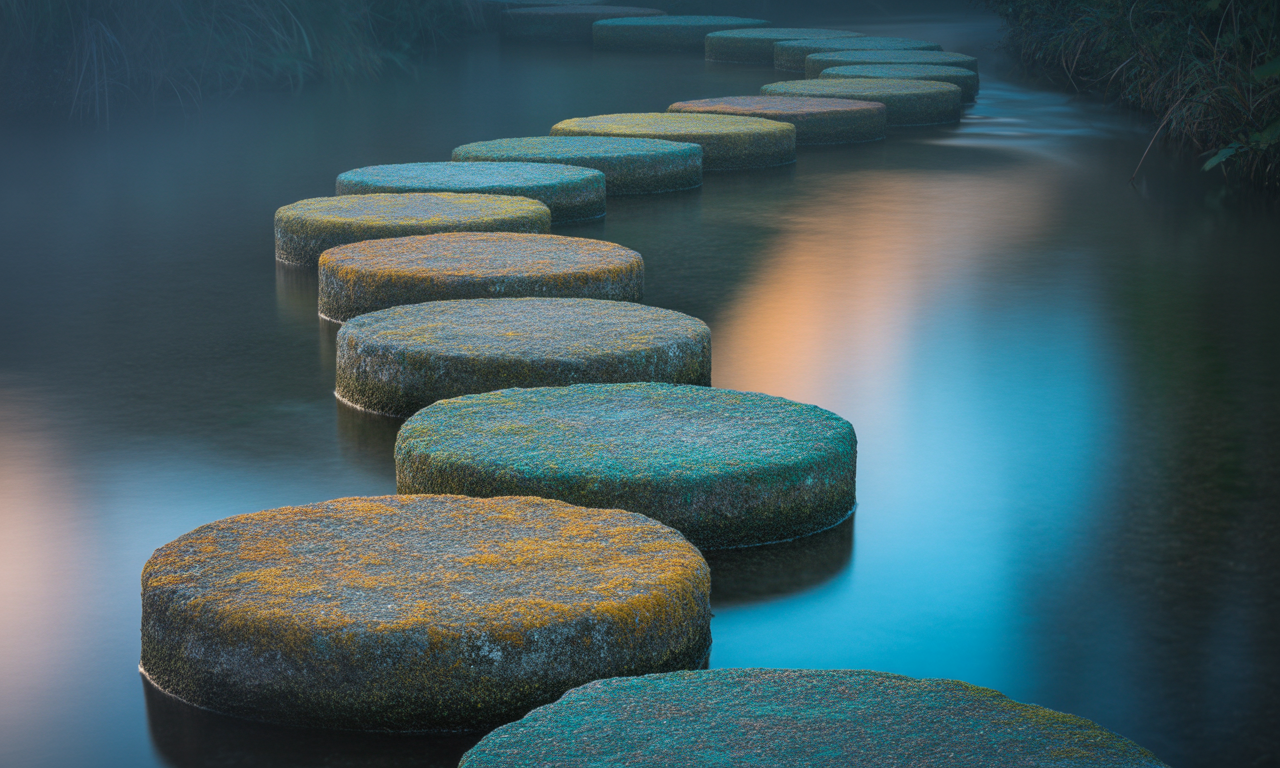 Stone steps across a still pond