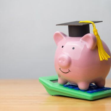 Piggy bank wear mortarboard and green calculator on wooden table with white wall background copy space. Private student loan, student debt, repayment plan, expense , money management, scholarship and so on concept