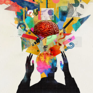 Complexity of thought processes and the human mind. Thoughts, creativity, emotions, mental health, vibrant art collage. Psychology, self-analysis, mental disorders and wellbeing, cognitive processes