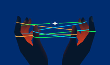 Human hands holding cat's cradle made of light lines. Connection, contact, hope concept. Vector illustration.