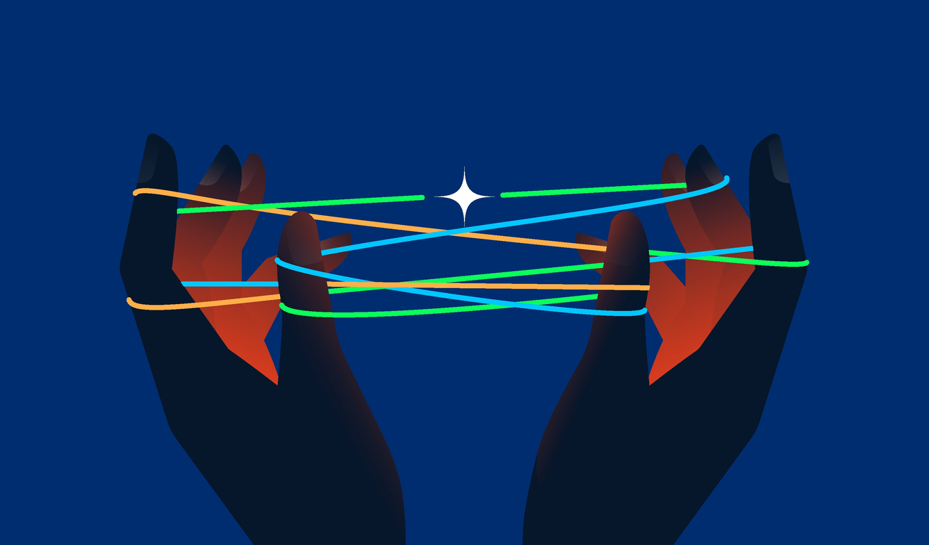 Human hands holding cat's cradle made of light lines. Connection, contact, hope concept. Vector illustration.